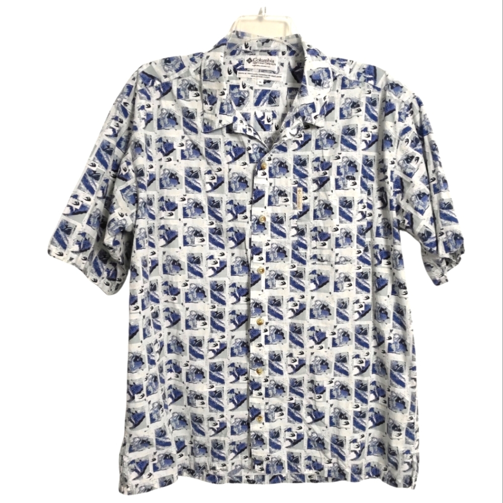 Columbia Cotton Short Sleeve Button Down Collared Shirt Abstract Print XL Blue